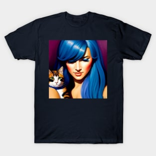 A Portrait of a Blue Hair Woman and Her Cat T-Shirt